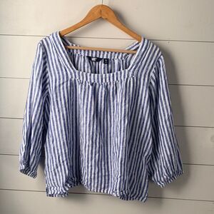 Lands’ End Blue & White Striped 100% Linen Blouse – Size XL nautical coastal